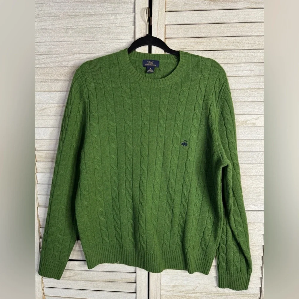 Brooks Brothers 365 Lambswool Green Cable Knit Crewneck Sweater Medium Preppy